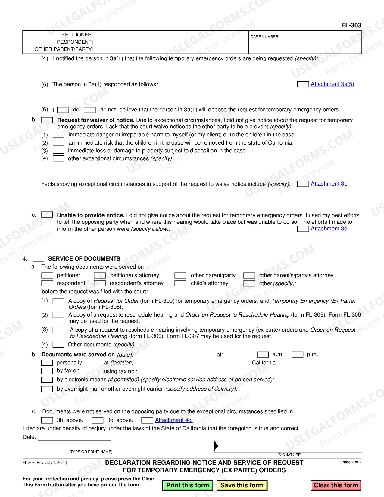 Preview Declaration Regarding Notice and Service for Temporary Emergency (ex Parte) Orders