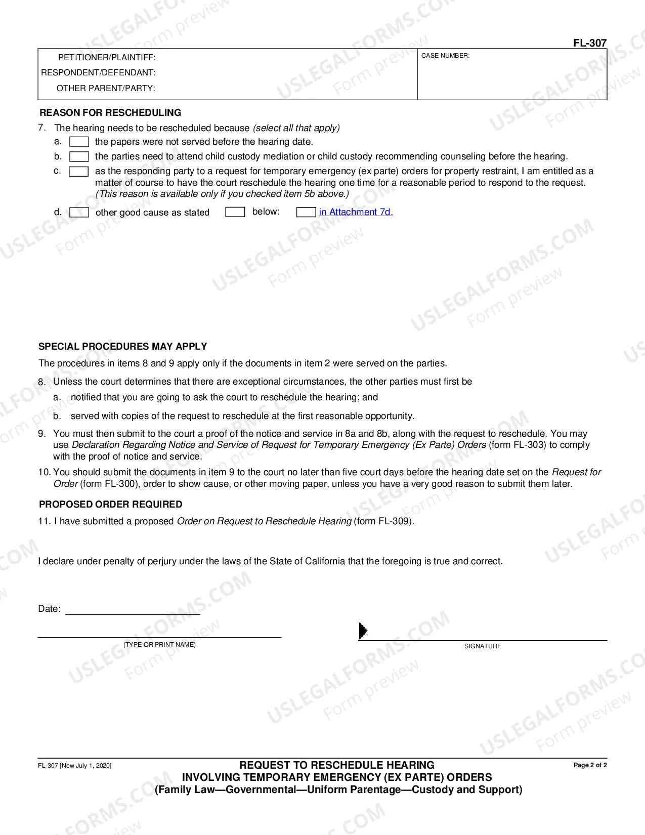 Preview Request to Reschedule Hearing Involving Temporary Emergency (Ex Parte) Orders - Family Law - Governmental - Uniform Parentage - Custody and Support