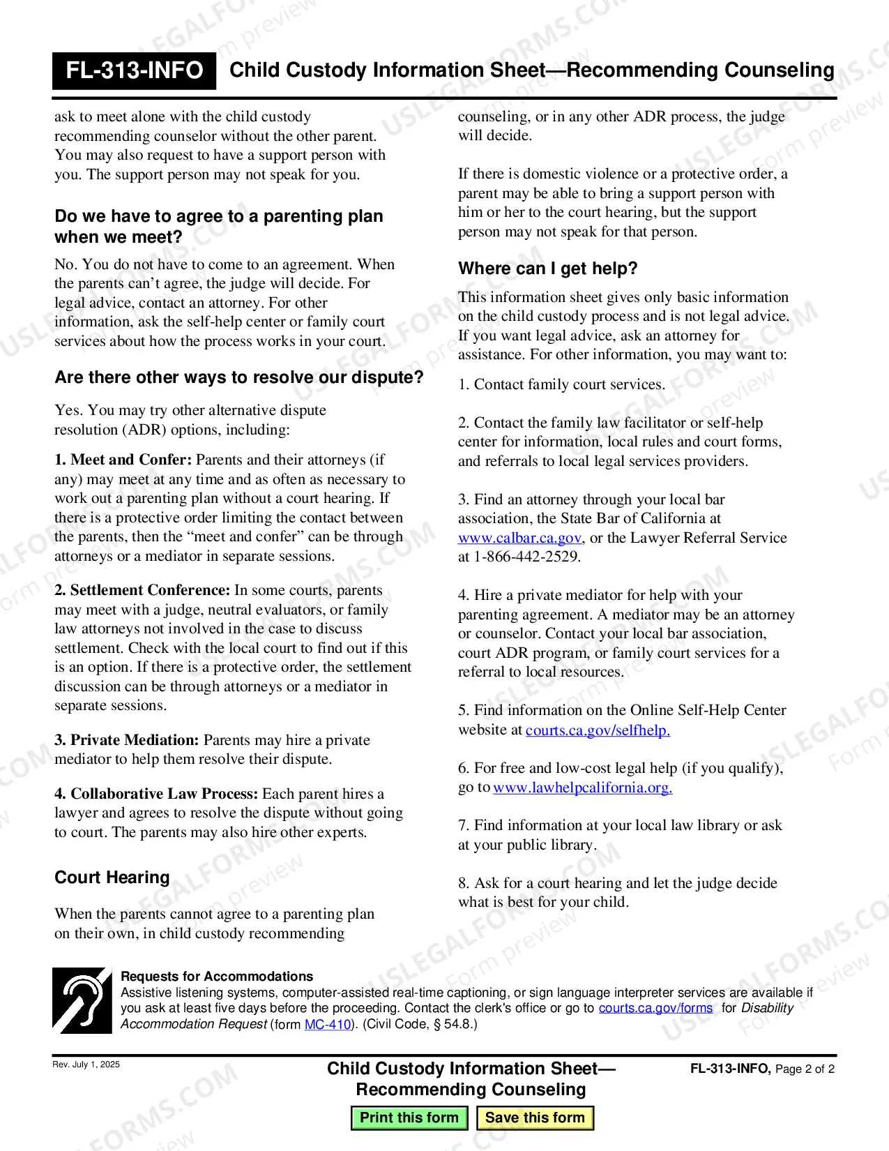 Preview Child Custody Information Sheet - Recommending Counseling
