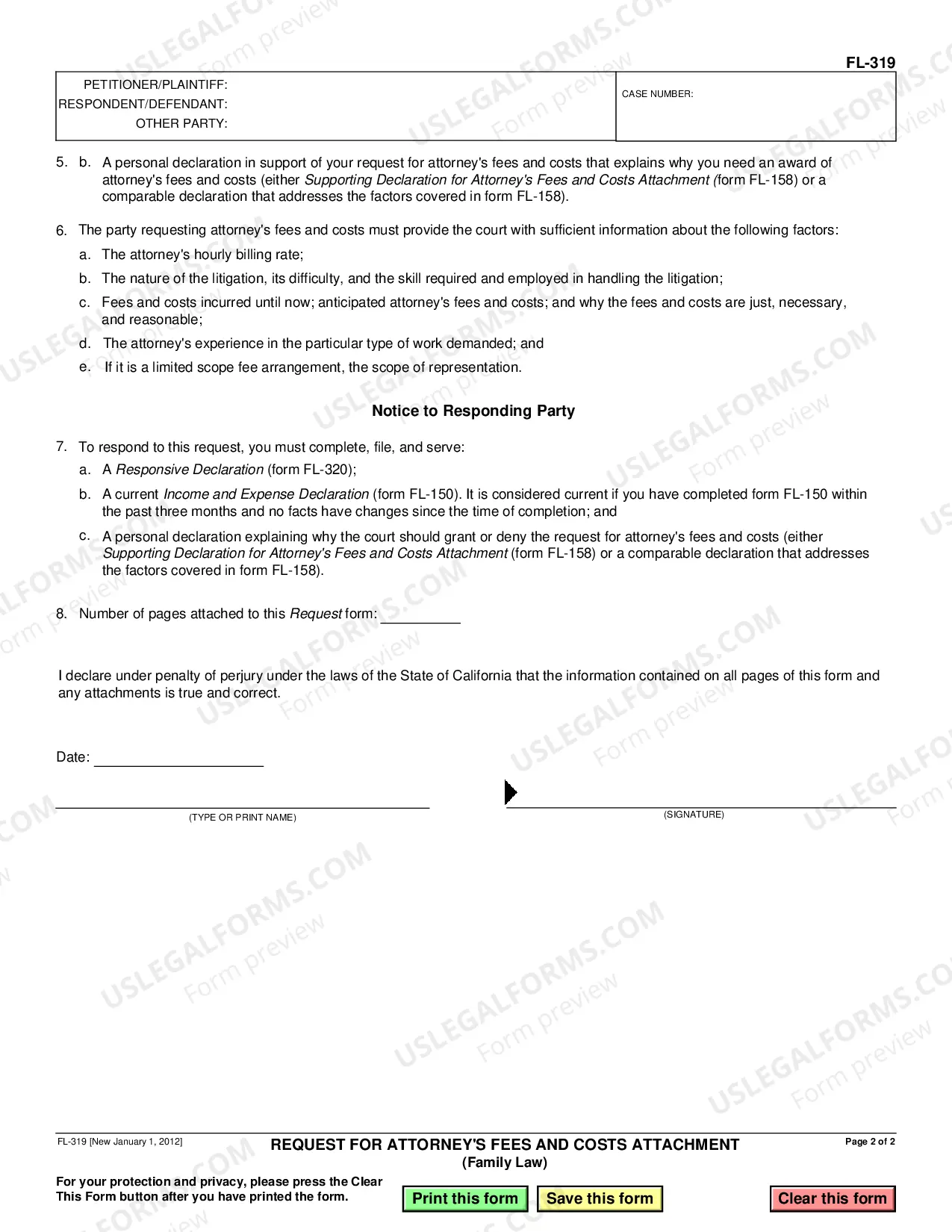 Preview Request for Attorney's Fees and Costs Attachment