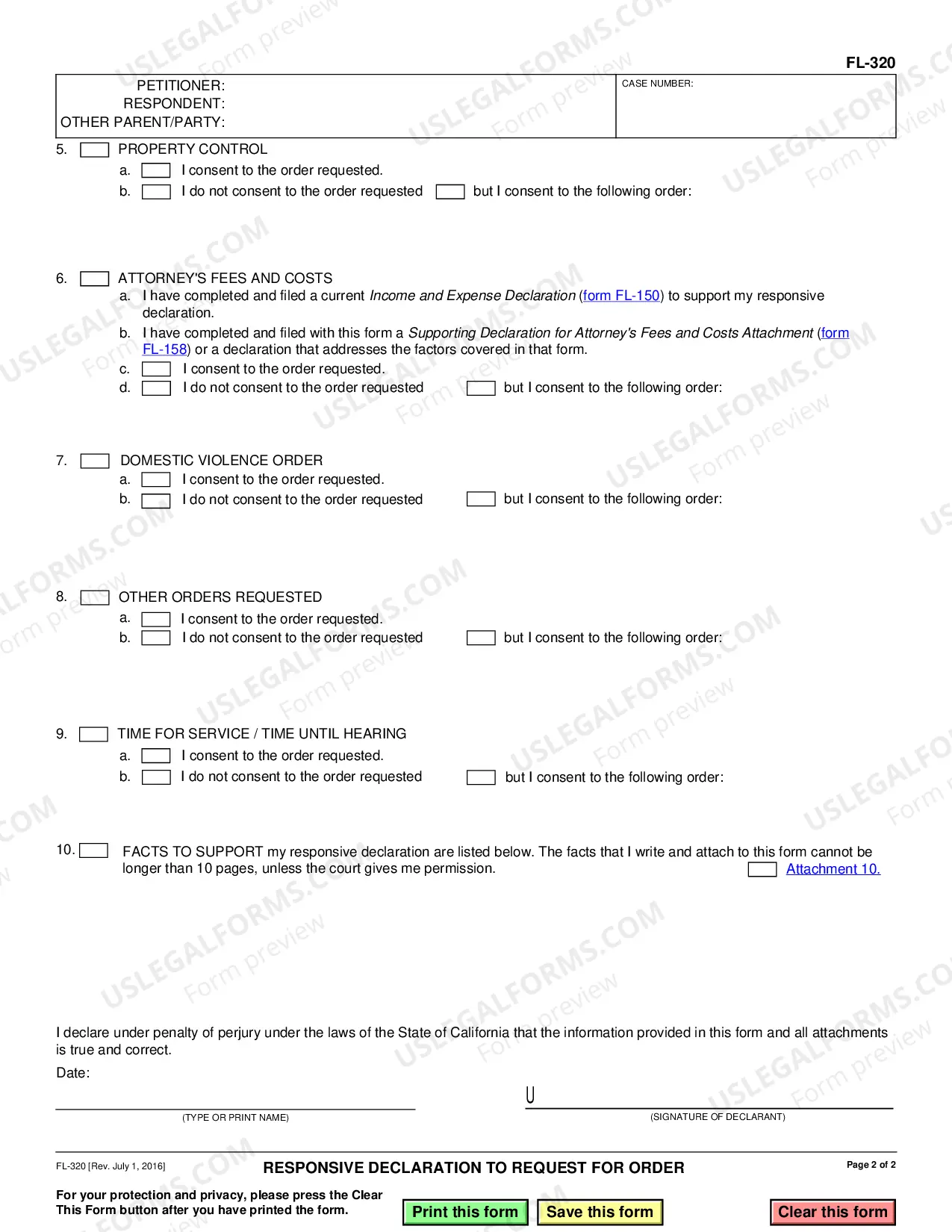 Preview Responsive Declaration to Request for Order