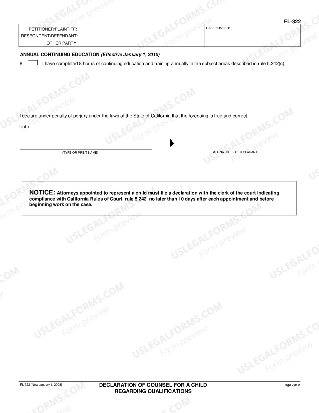 Preview Declaration of Counsel for a Child Regarding Qualifications