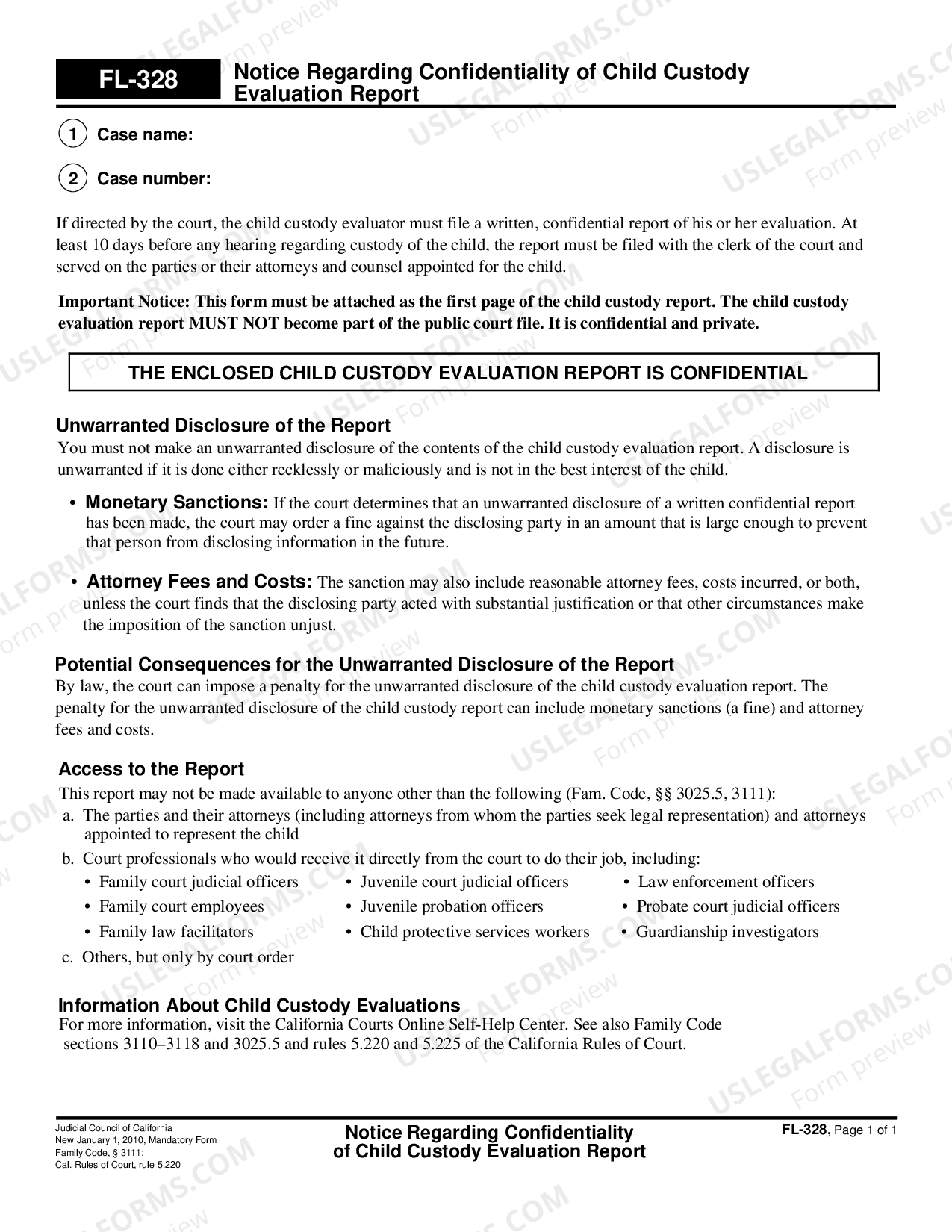 California Notice Regarding Confidentiality of Child Custody Evaluation