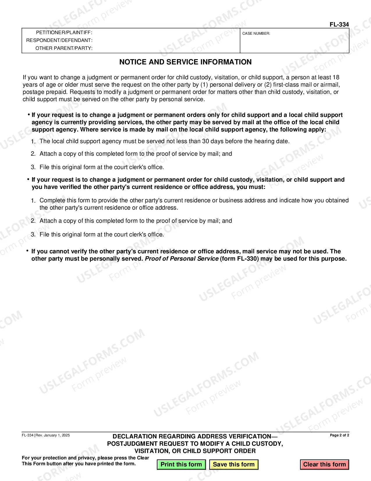 Preview Declaration Regarding Address Verification - Postjudgment Request to Modify a Child Custody, Visitation, or Child Support Order
