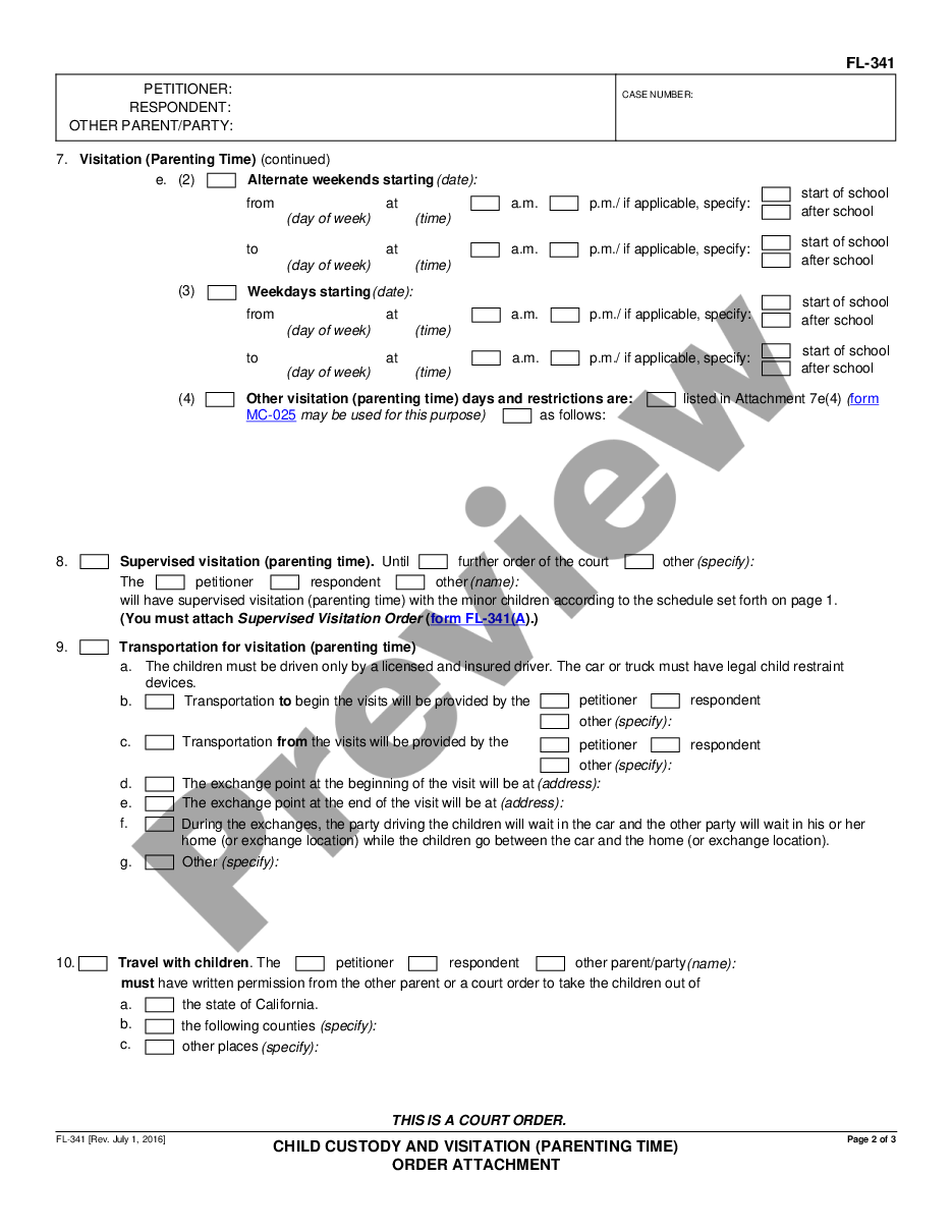 form Child Custody and Visitation - Parenting Time - Order Attachment preview