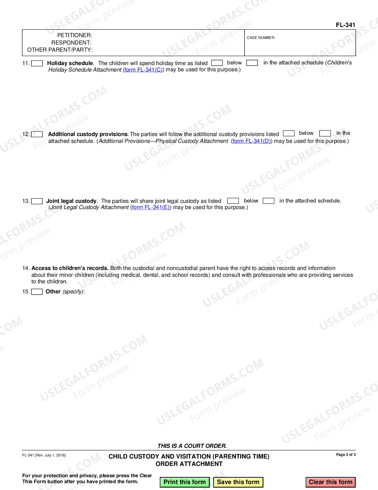 Preview Child Custody and Visitation - Parenting Time - Order Attachment