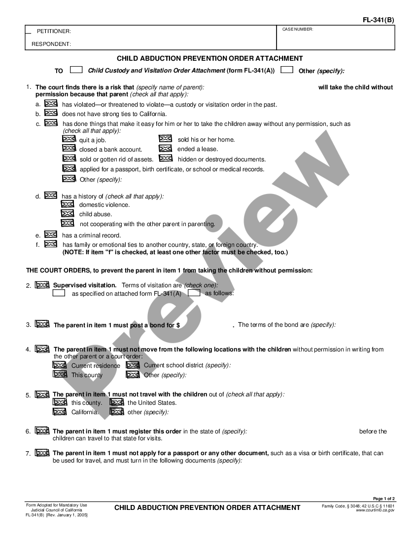 California Child Abduction Prevention Order Attachment | US Legal Forms