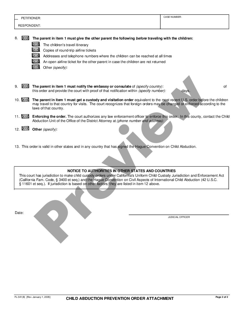 California Child Abduction Prevention Order Attachment | US Legal Forms