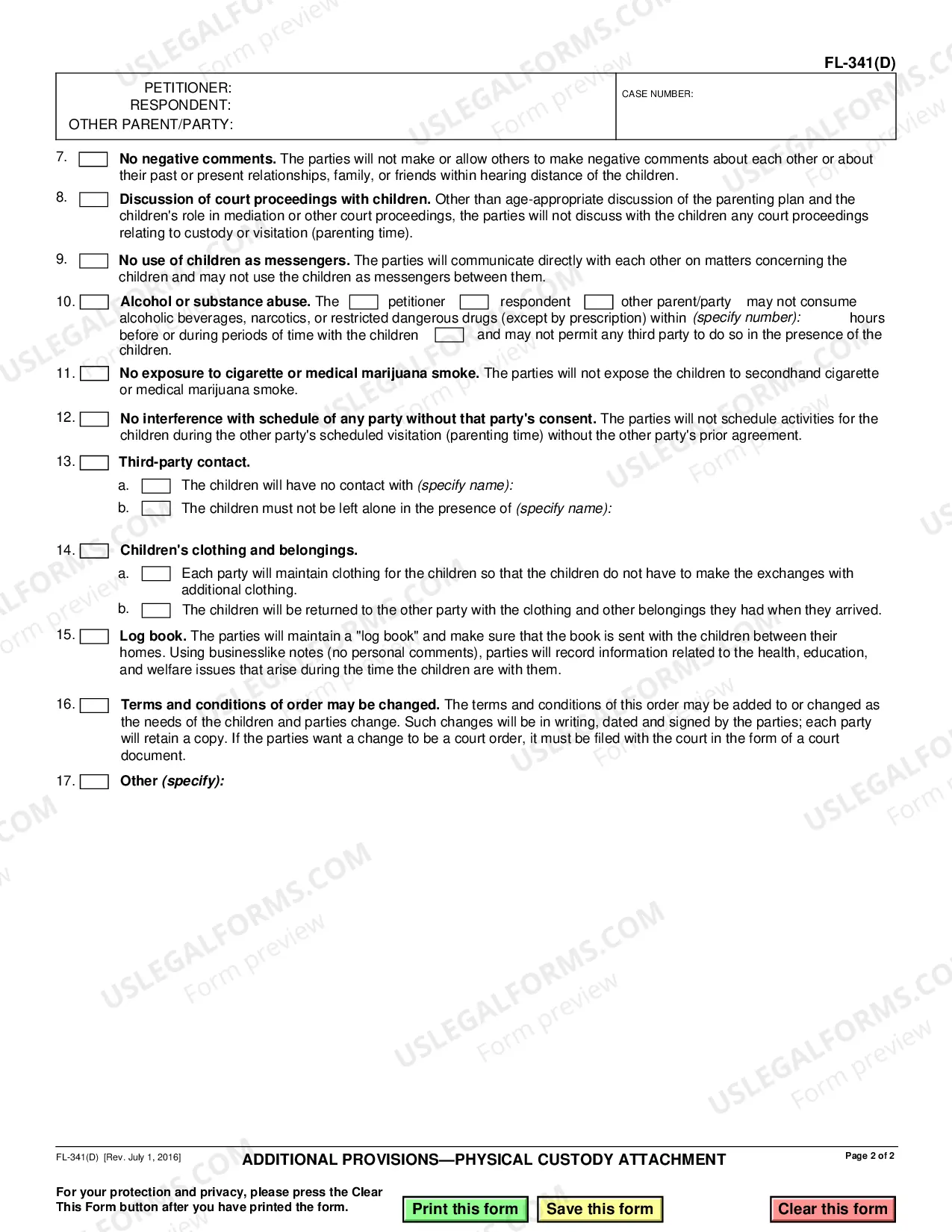 Preview Additional Provisions - Physical Custody Attachment
