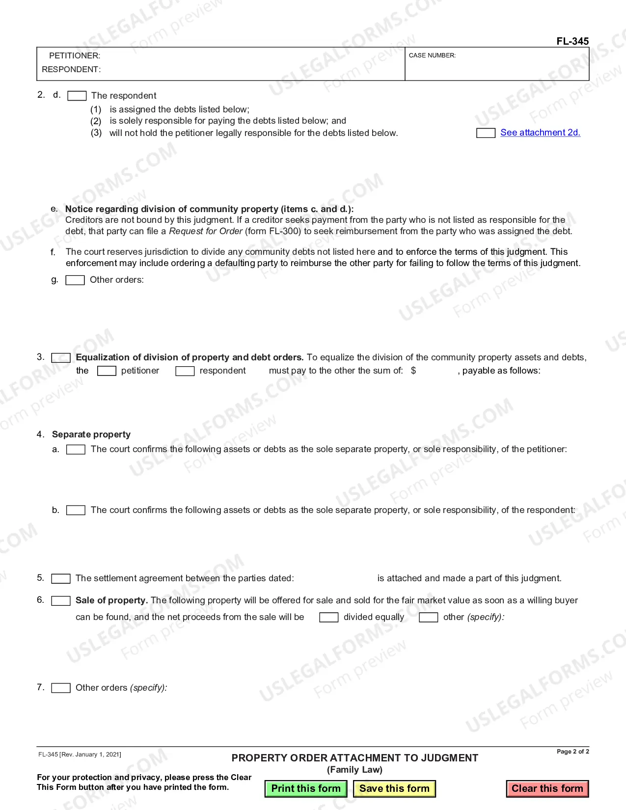 Preview Property Order Attachment to Judgment - Family Law