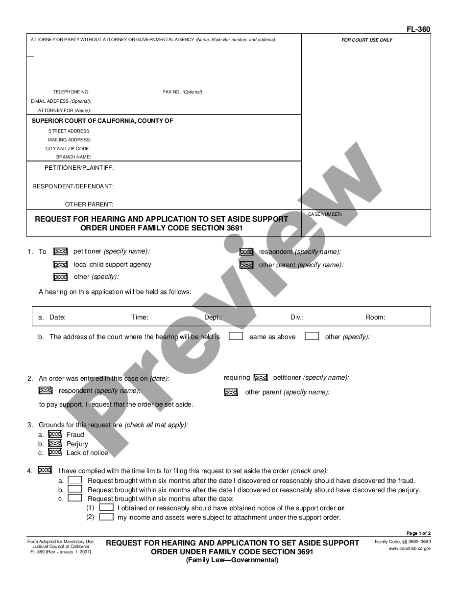 form Request for Hearing and Application to Set Aside Support Order preview