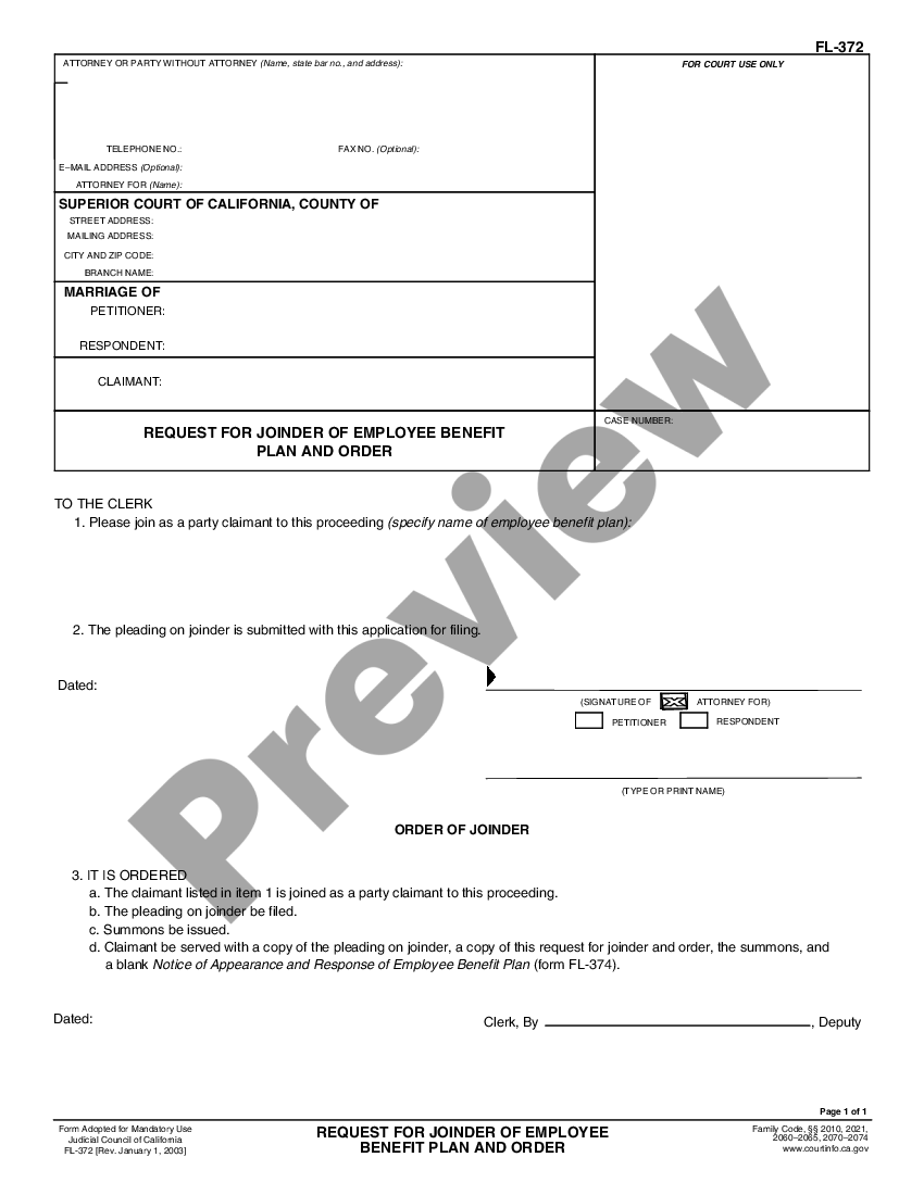 form Request for Joinder of Employee Benefit Plan and Order preview
