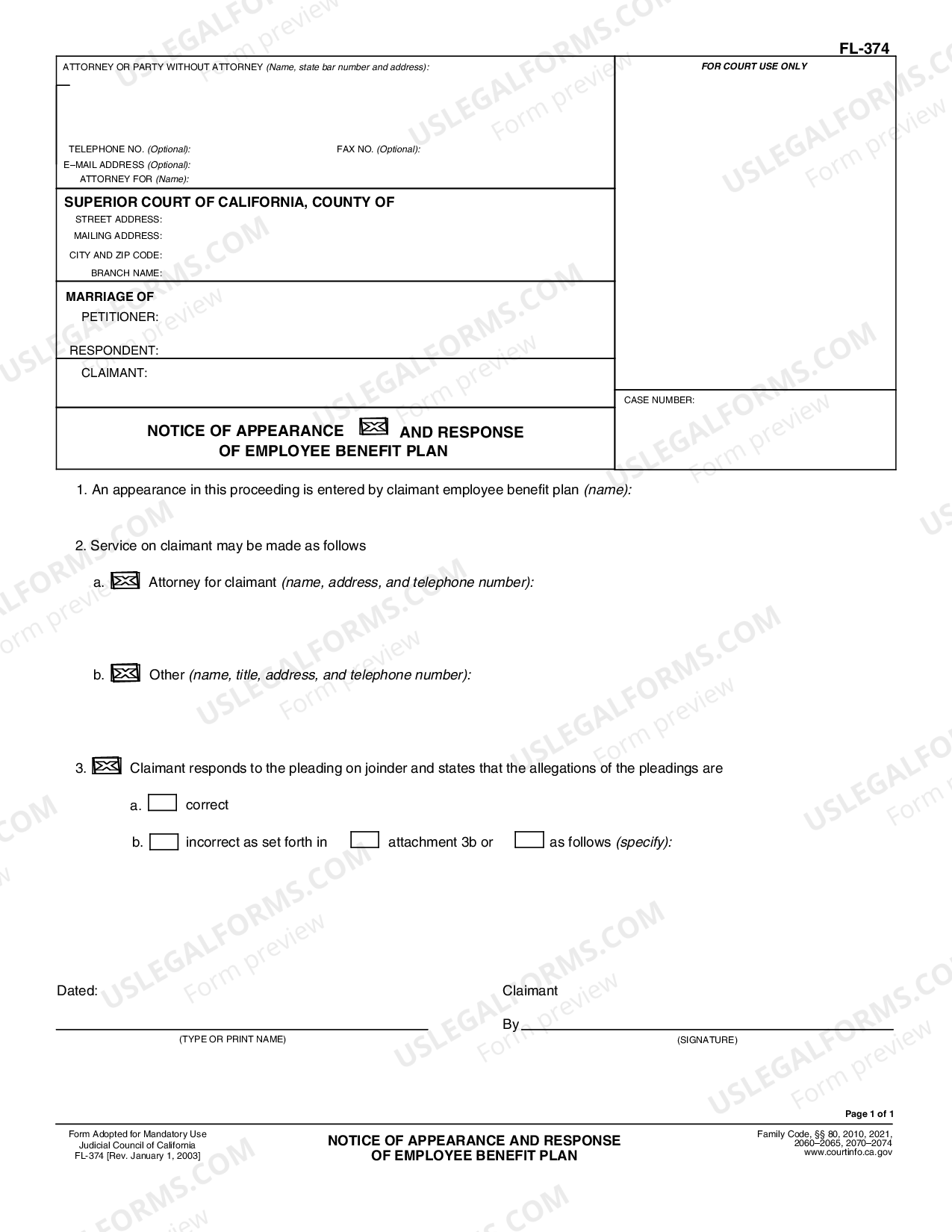 California Notice of Appearance and Response of Employee Benefit Plan