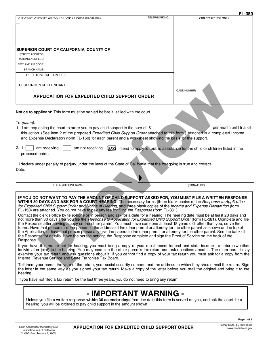 page 0 Application for Expedited Child Support Order and Notice of Hearing preview