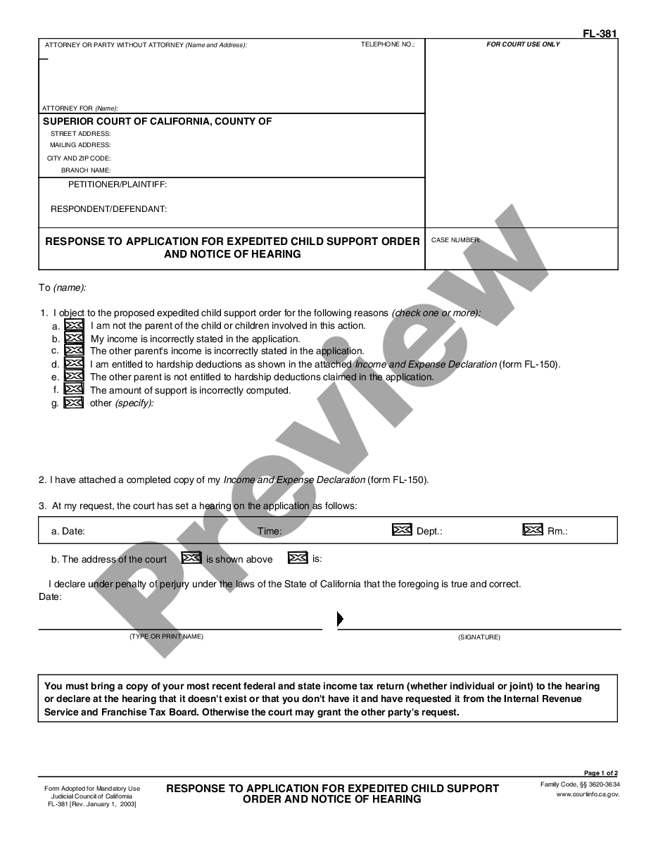 form Response to Application for Expedited Child Support Order and Notice of Hearing preview