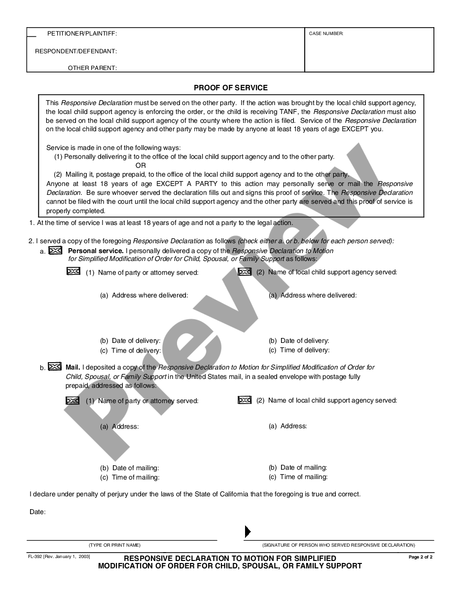 page 1 Responsive Declaration to Motion for Simplified Modification of Order for Child, Spousal, or Family Support preview