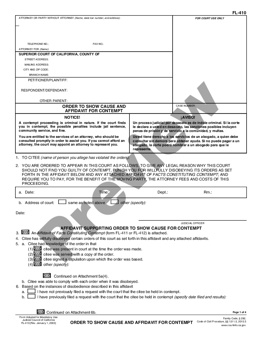 California Order to Show Cause and Affidavit for Contempt Sample