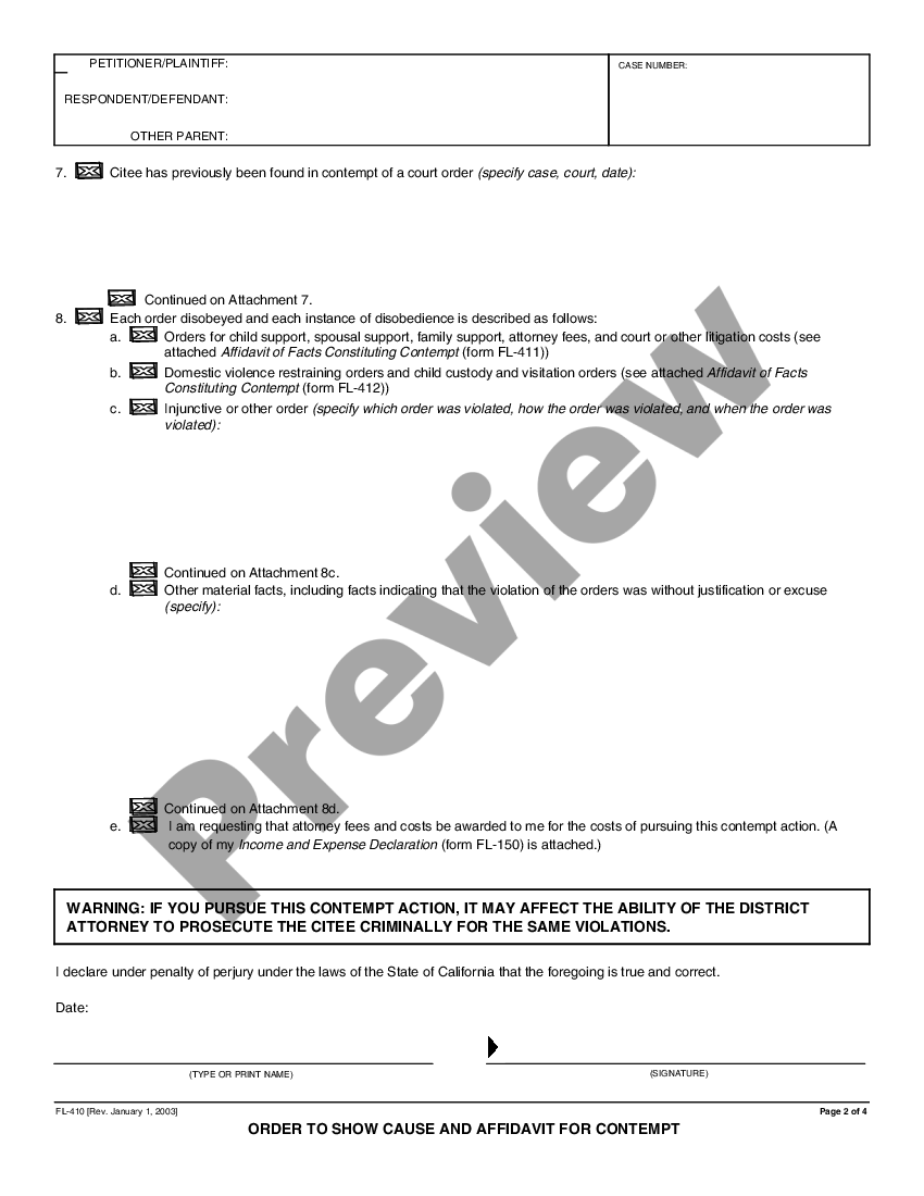 California Order to Show Cause and Affidavit for Contempt Sample