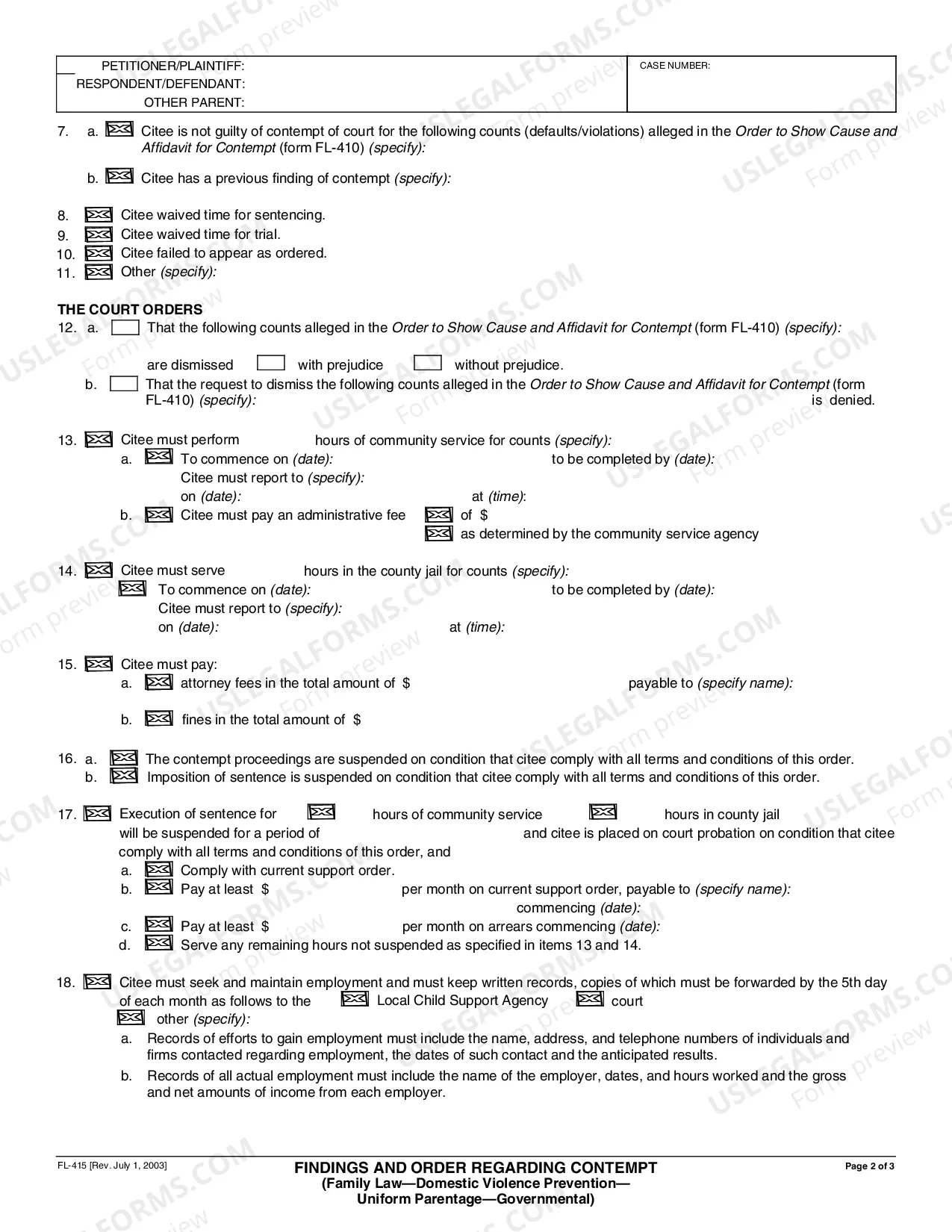 Preview Findings and Order Regarding Contempt (Family Law)
