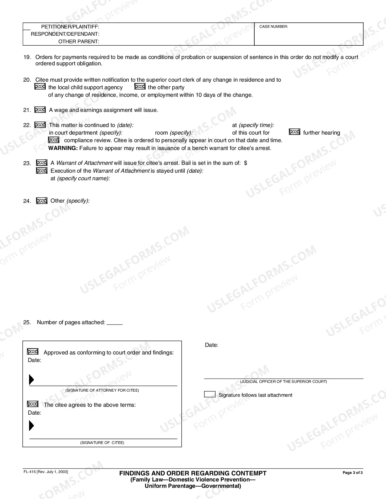 Preview Findings and Order Regarding Contempt (Family Law)