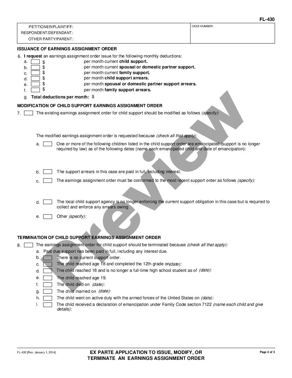 page 1 Ex Parte Application for Earnings Assignment Order preview
