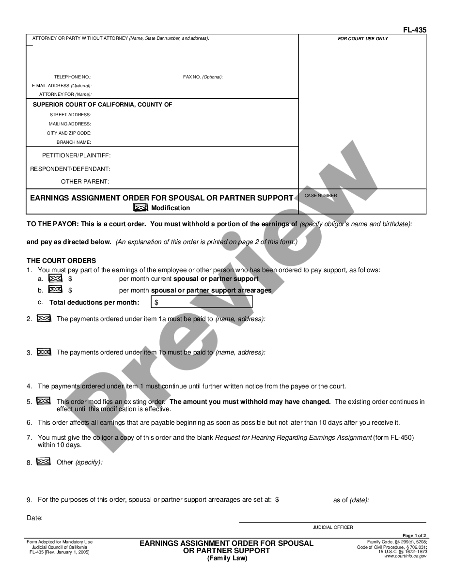 form Earnings Assignment Order for Spousal Support - Family Law preview