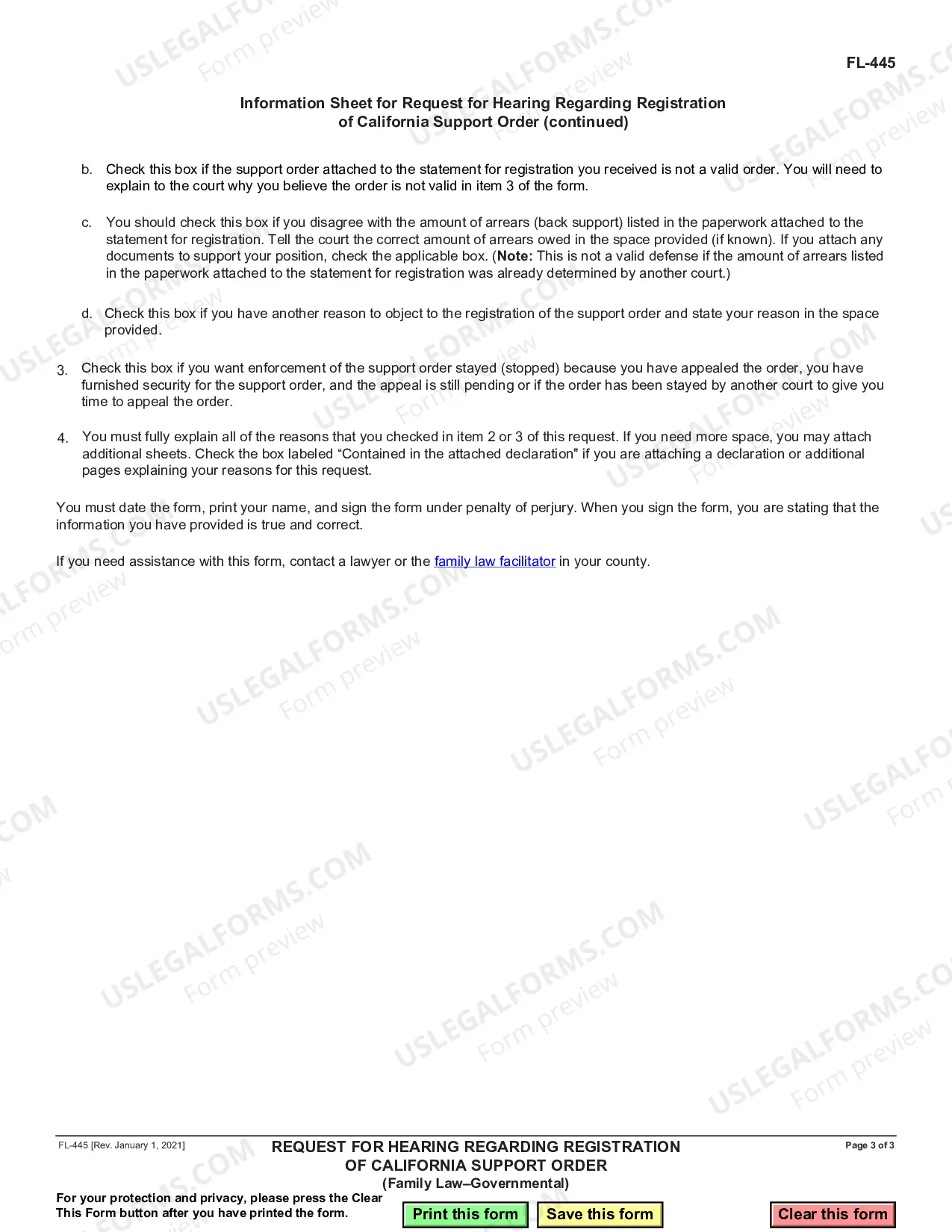 Preview Request for Hearing Regarding Registration of California Support Order - Family Law - Governmental