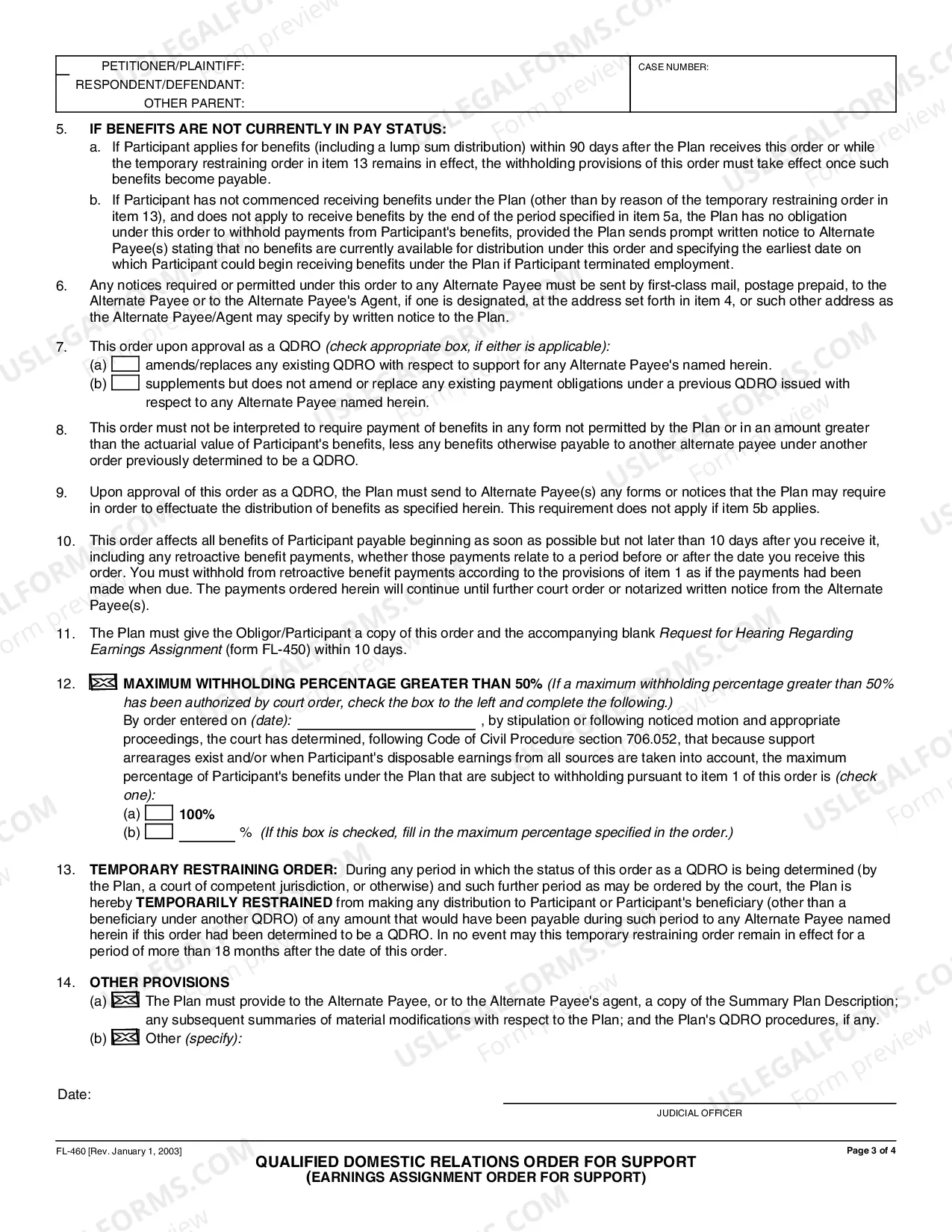 Preview Qualified Domestic Relations Order for Support - Earnings Assignment Order for Support