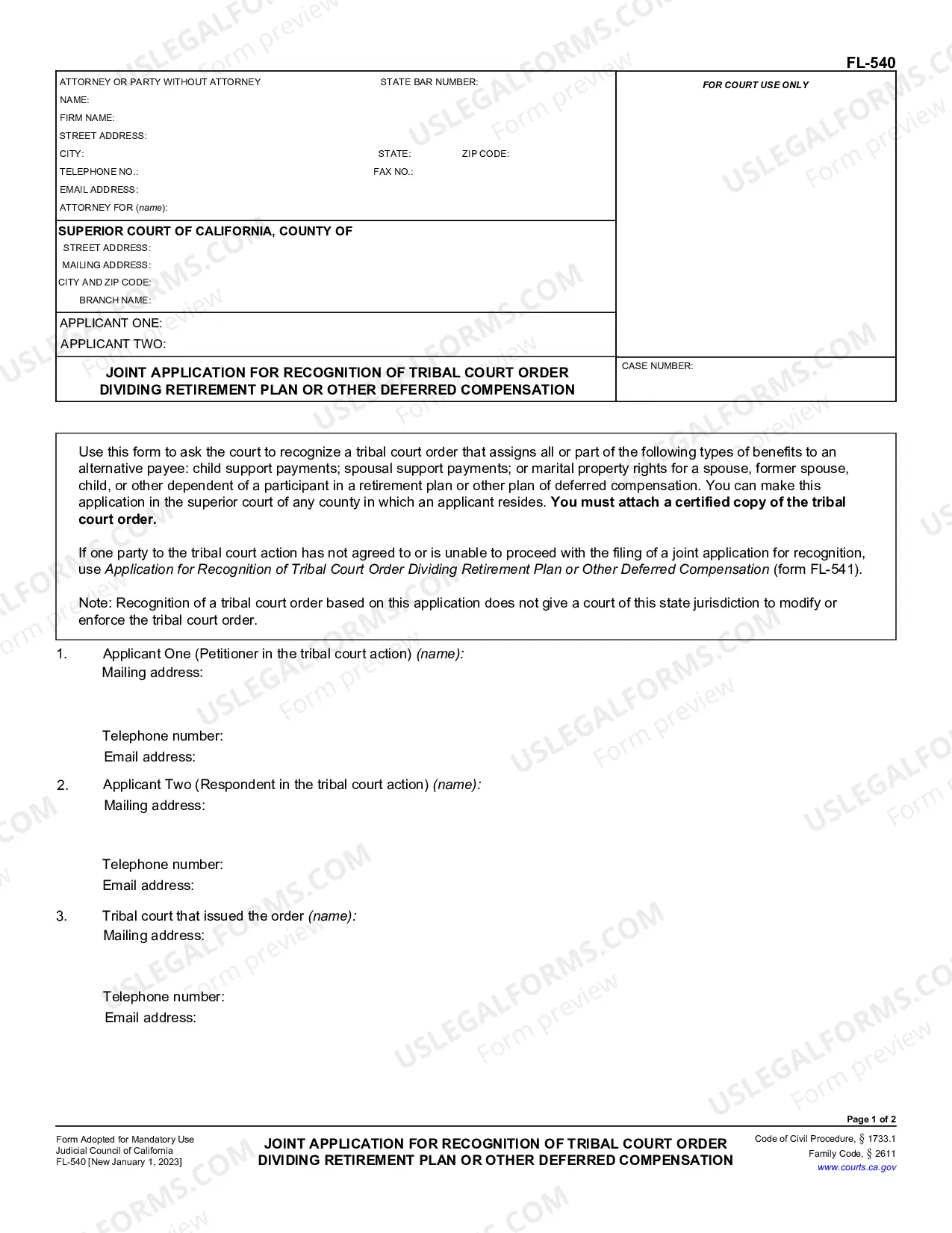 Preview Joint Application for Recognition of Tribal Court Order Dividing Retirement Plan or Other Deferred Compensation
