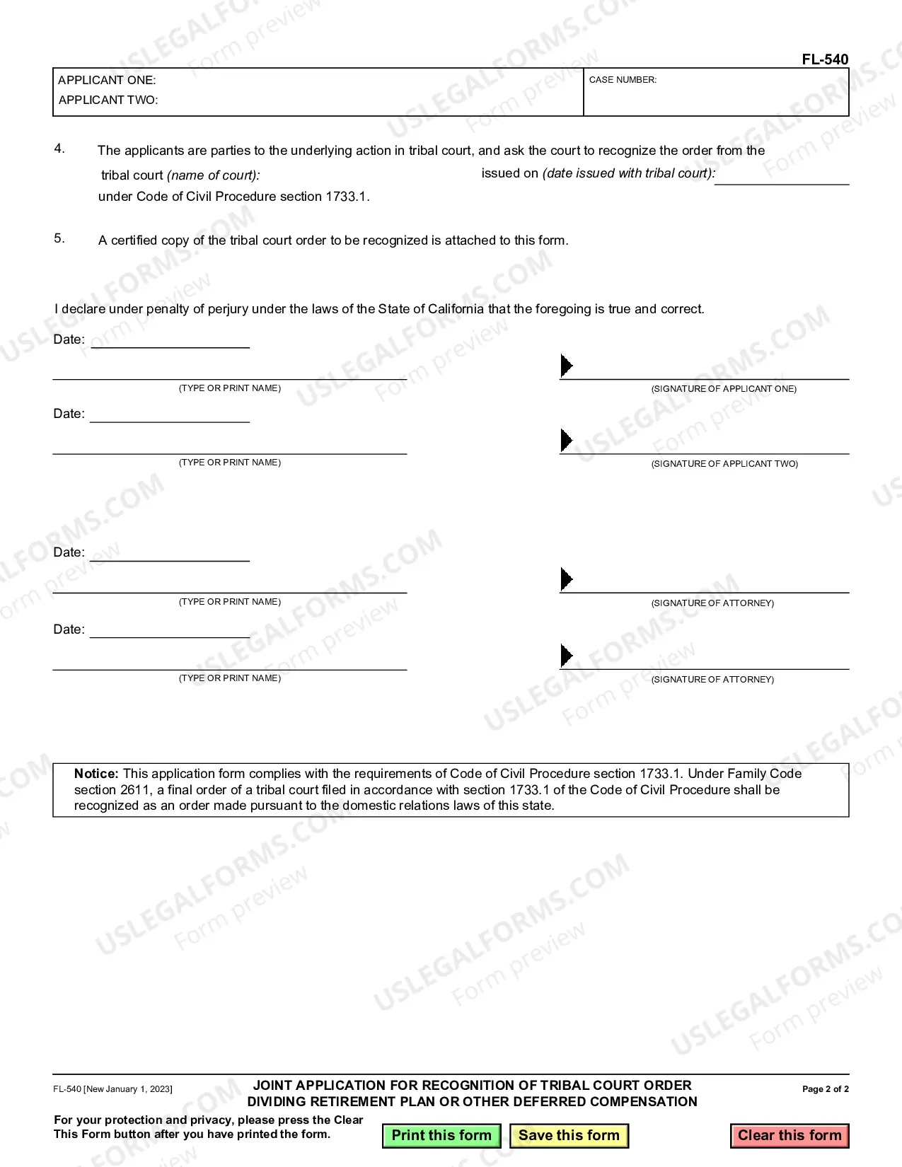 Preview Joint Application for Recognition of Tribal Court Order Dividing Retirement Plan or Other Deferred Compensation