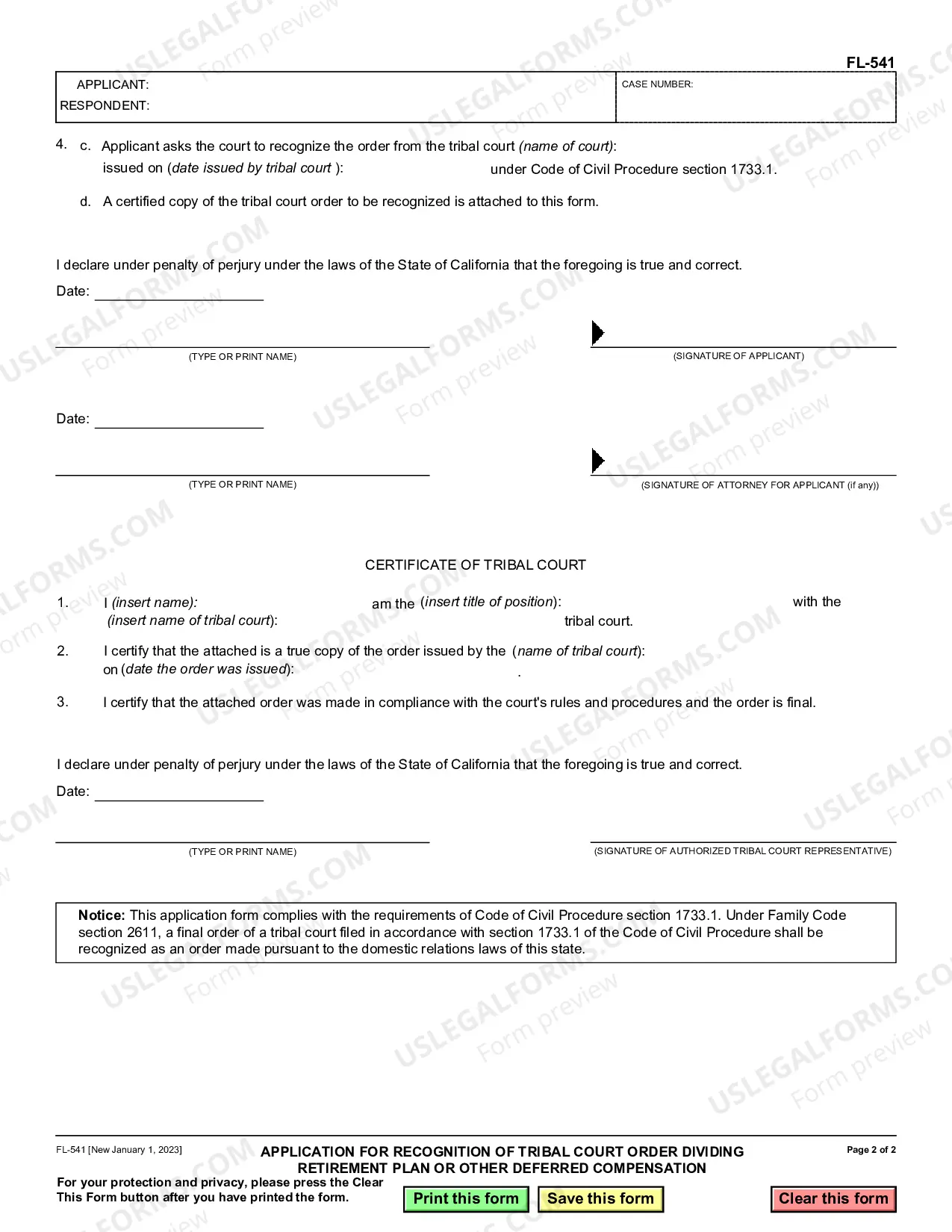 Preview Application for Recognition of Tribal Court Order Dividing Retirement Plan or Other Deferred Compensation