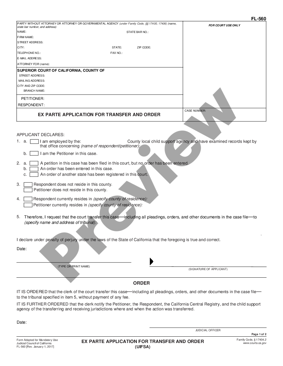 form Ex Parte Application for Transfer and Order - UIFSA preview