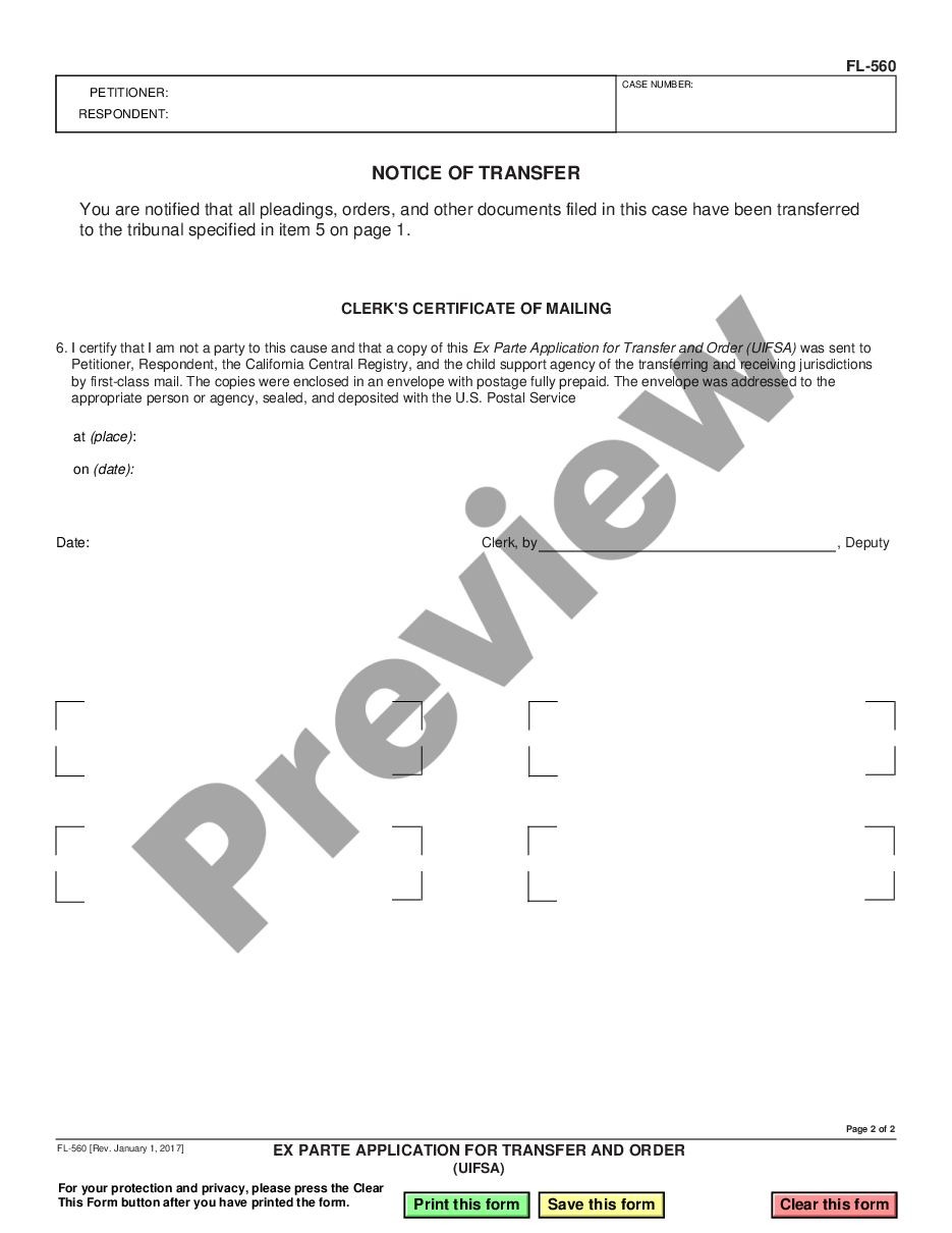 page 1 Ex Parte Application for Transfer and Order - UIFSA preview
