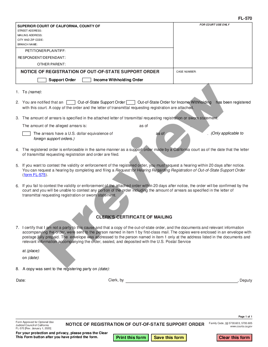 form Notice of Registration of Out of State Support Order preview