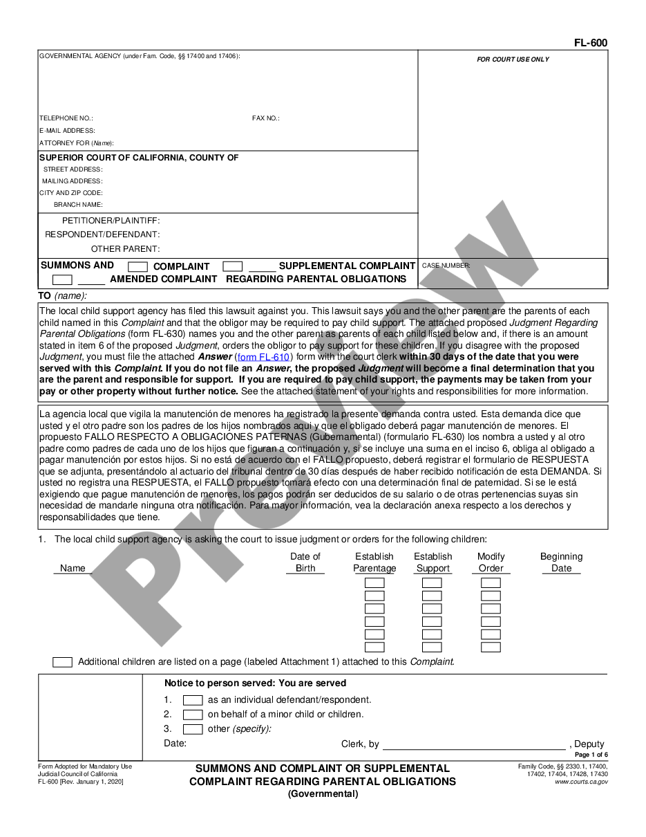 form Summons and Complaint or Supplemental Complaint Regarding Parental Obligations - Governmental preview