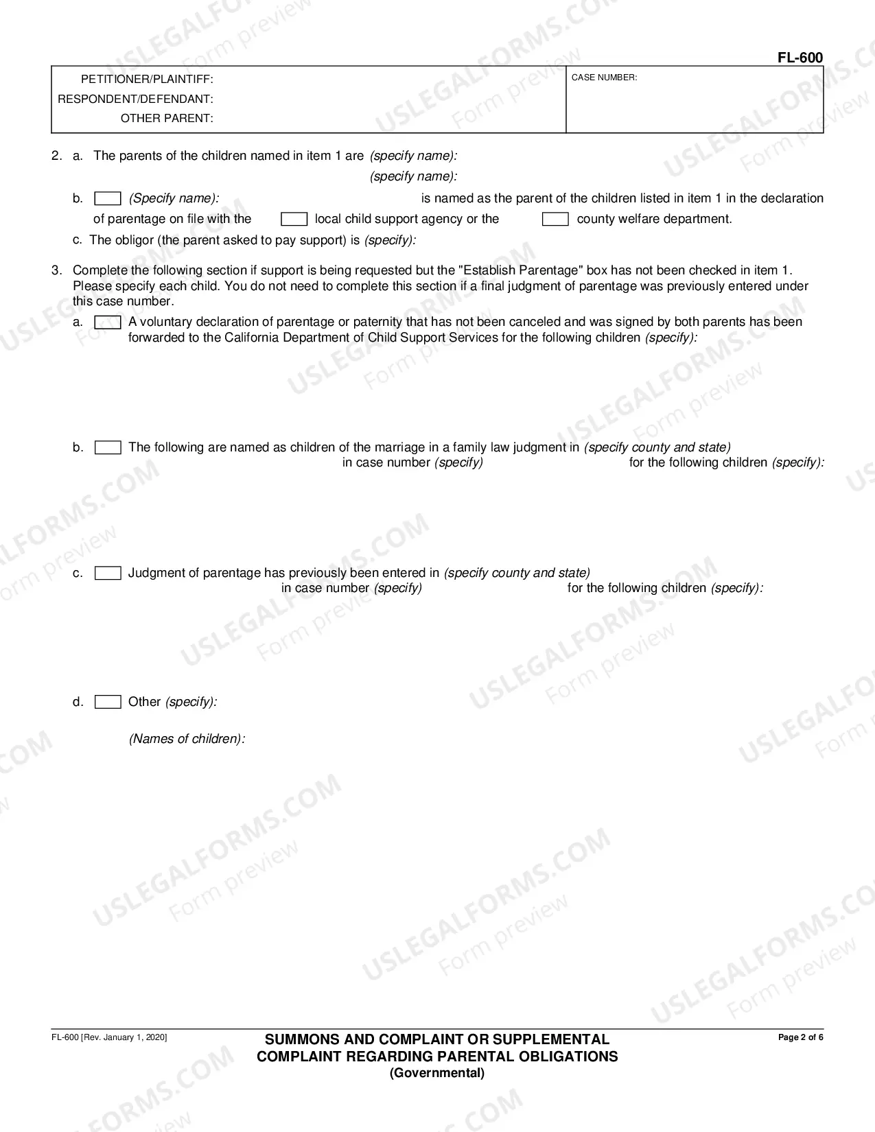 Preview Summons and Complaint or Supplemental Complaint Regarding Parental Obligations - Governmental