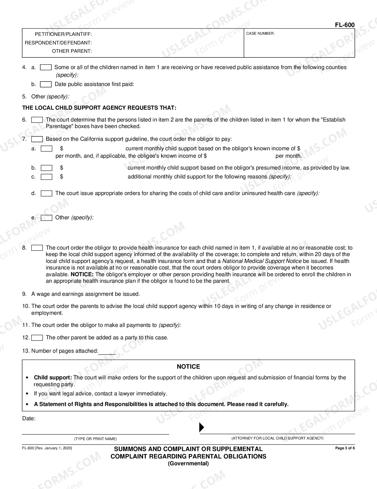 Preview Summons and Complaint or Supplemental Complaint Regarding Parental Obligations - Governmental