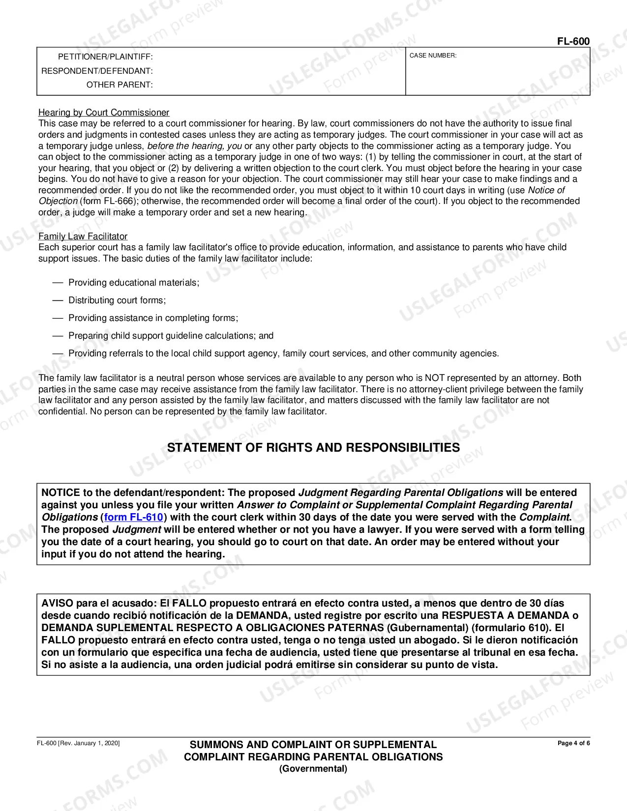 Preview Summons and Complaint or Supplemental Complaint Regarding Parental Obligations - Governmental