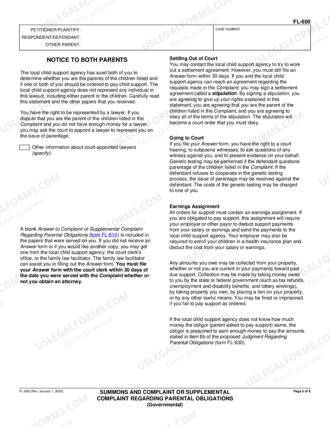 Preview Summons and Complaint or Supplemental Complaint Regarding Parental Obligations - Governmental