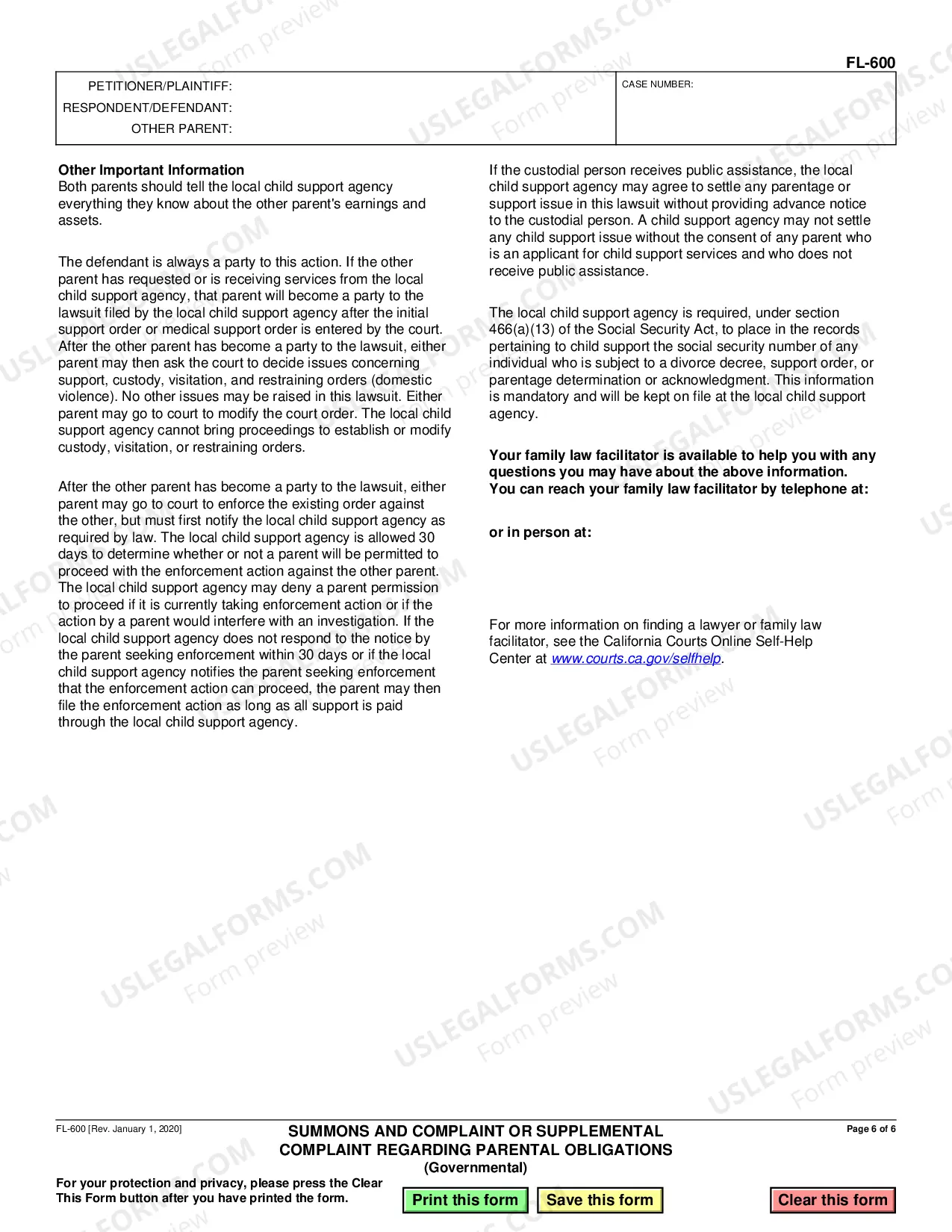 Preview Summons and Complaint or Supplemental Complaint Regarding Parental Obligations - Governmental