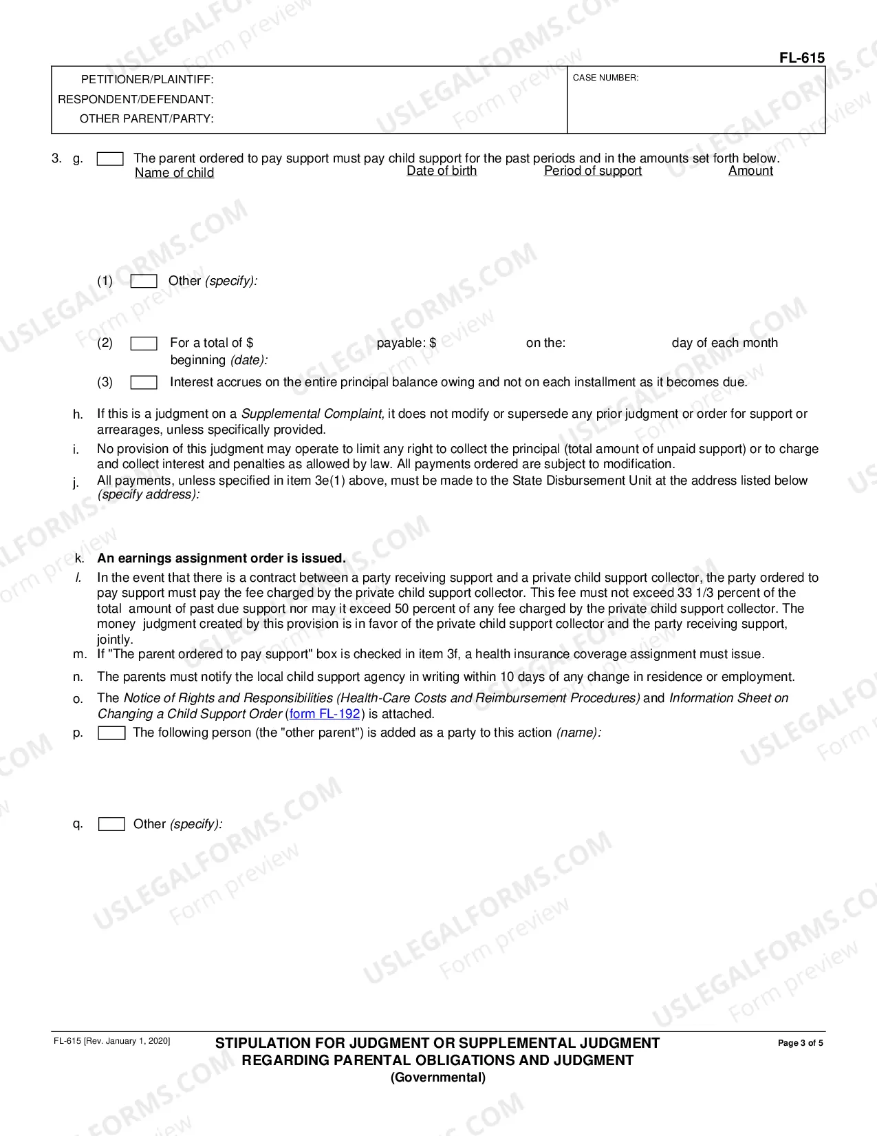 Preview Stipulation for Judgment or Supplemental Judgment Regarding Parental Obligations and Judgment - Governmental