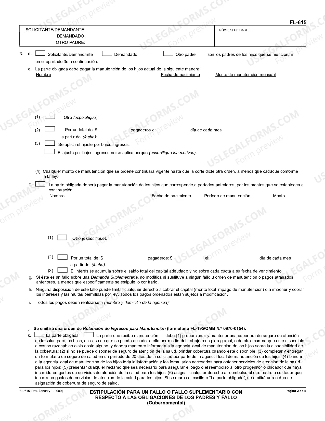 Preview Stipulation for Judgment or Supplemental Judgment Regarding Parental Obligations and Judgment - Governmental - Spanish