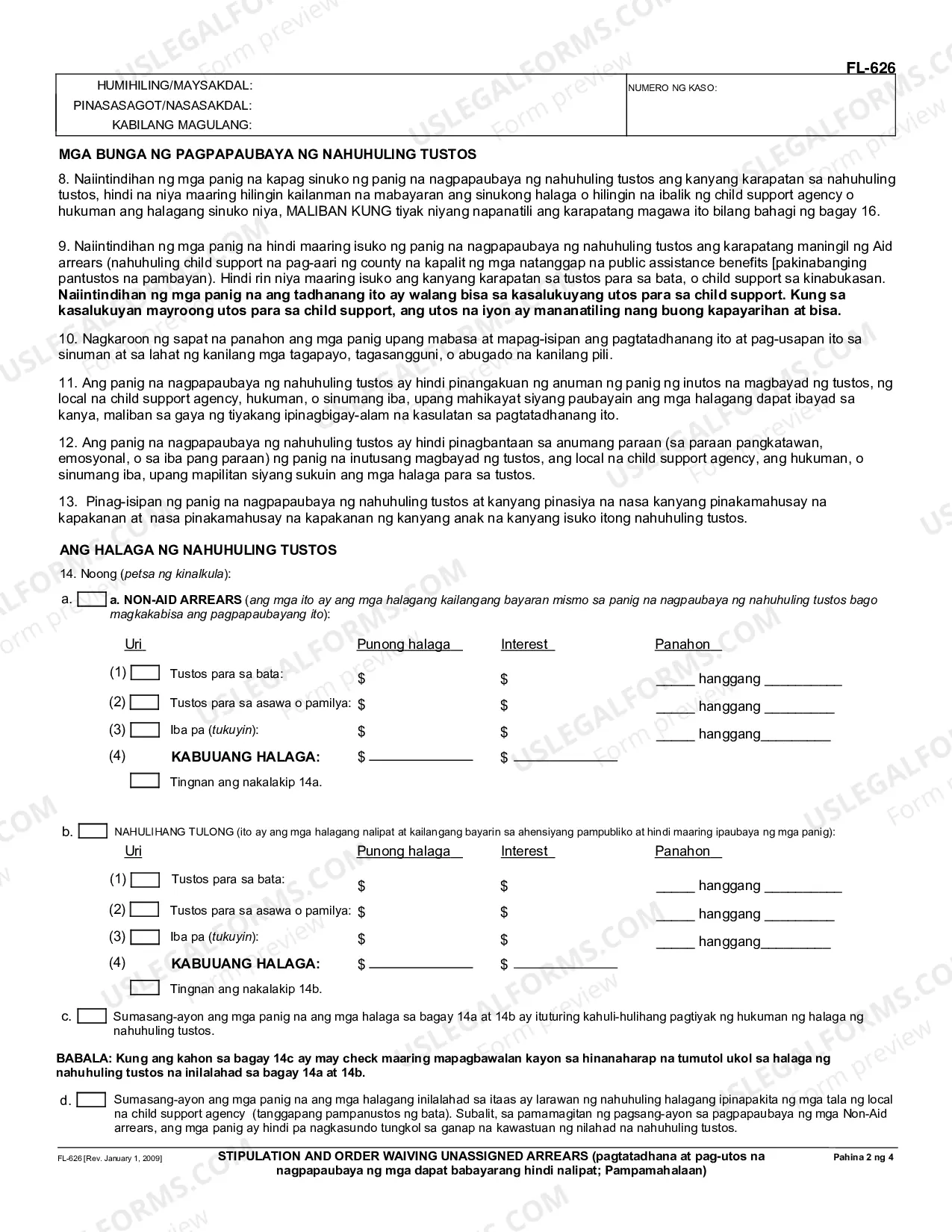 Preview Stipulation and Order Waiving Unassigned Arrears - Governmental - Tagalog