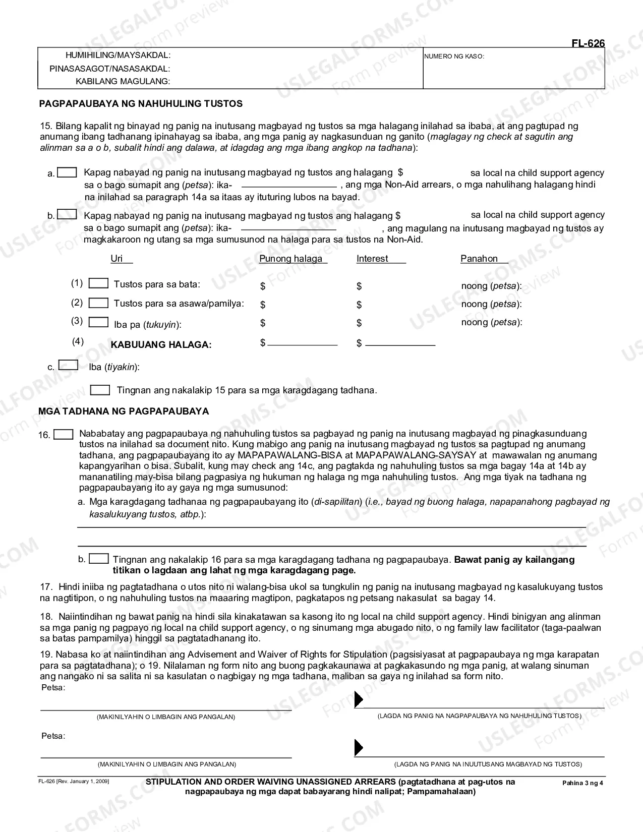 Preview Stipulation and Order Waiving Unassigned Arrears - Governmental - Tagalog