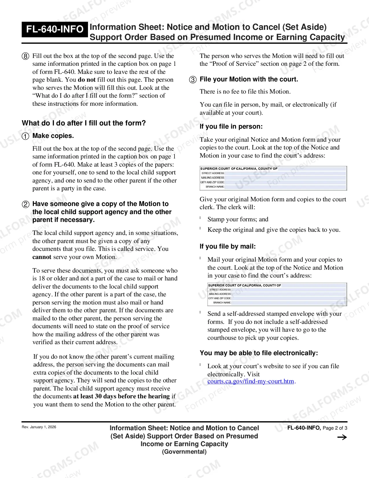 Preview Information Sheet for Notice and Motion to Cancel -Set Aside - Support Order Based on Presumed Income