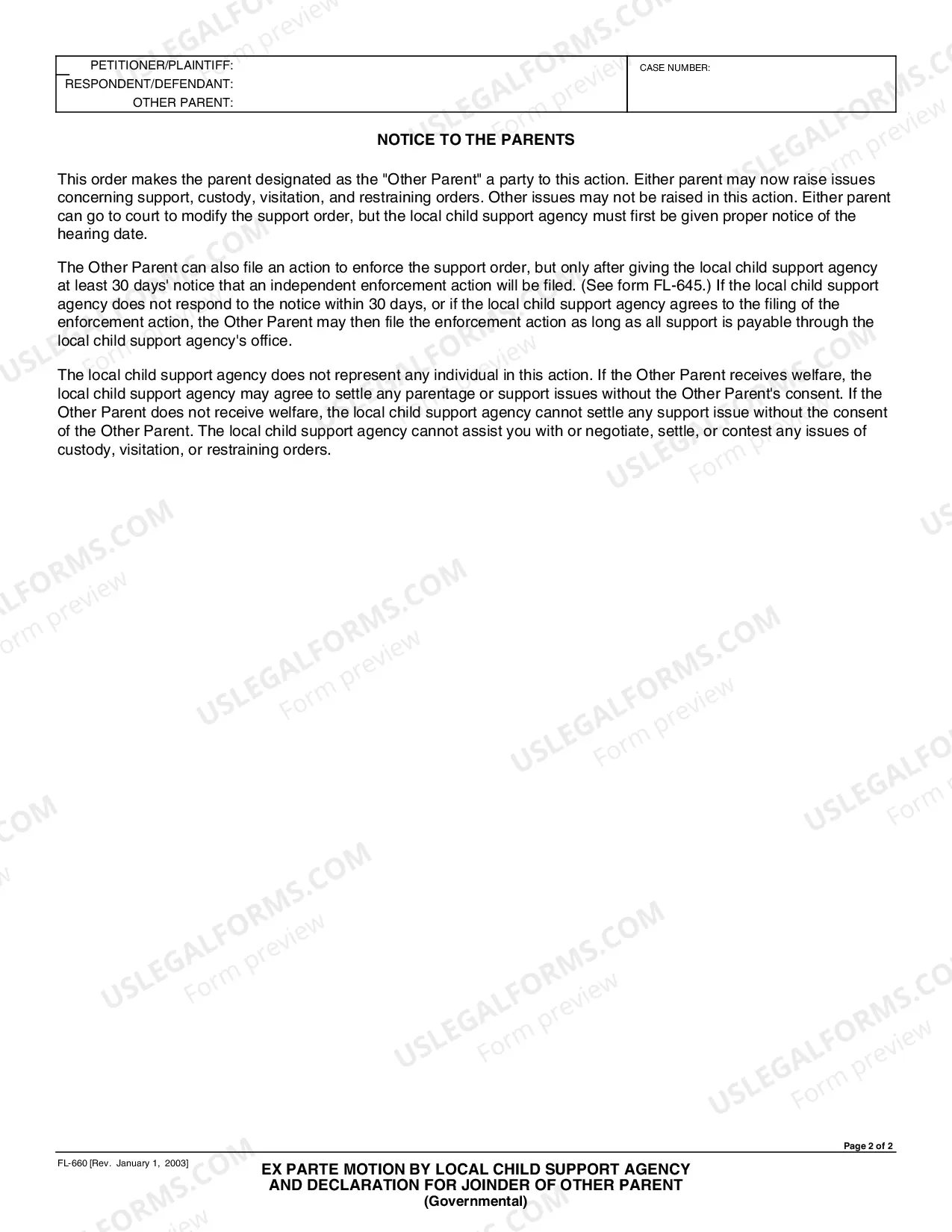 Preview Ex Parte Motion by Local Child Support Agency and Declaration for Joinder of Other Parent - Governmental