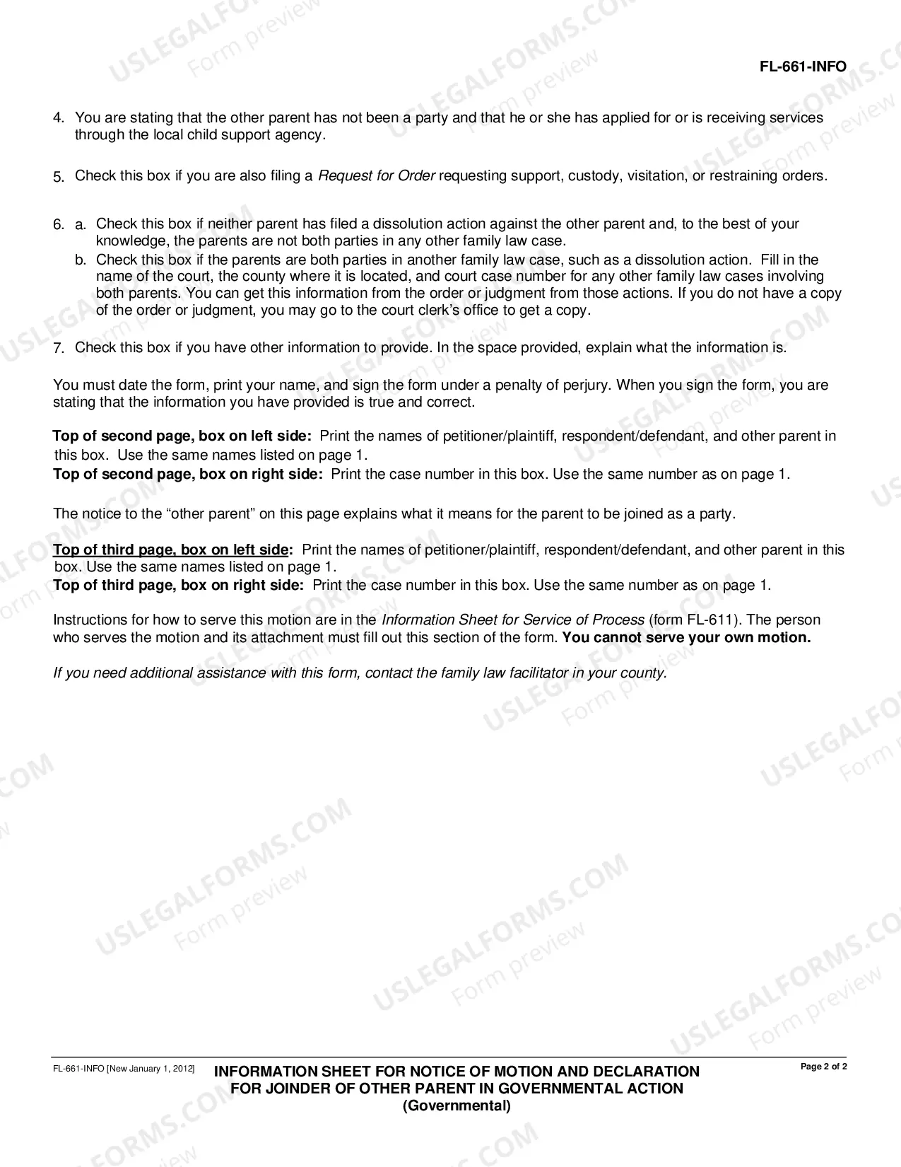 Preview Information Sheet for Notice of Motion and Declaration for Joinder of Other Parent in Governmental Action