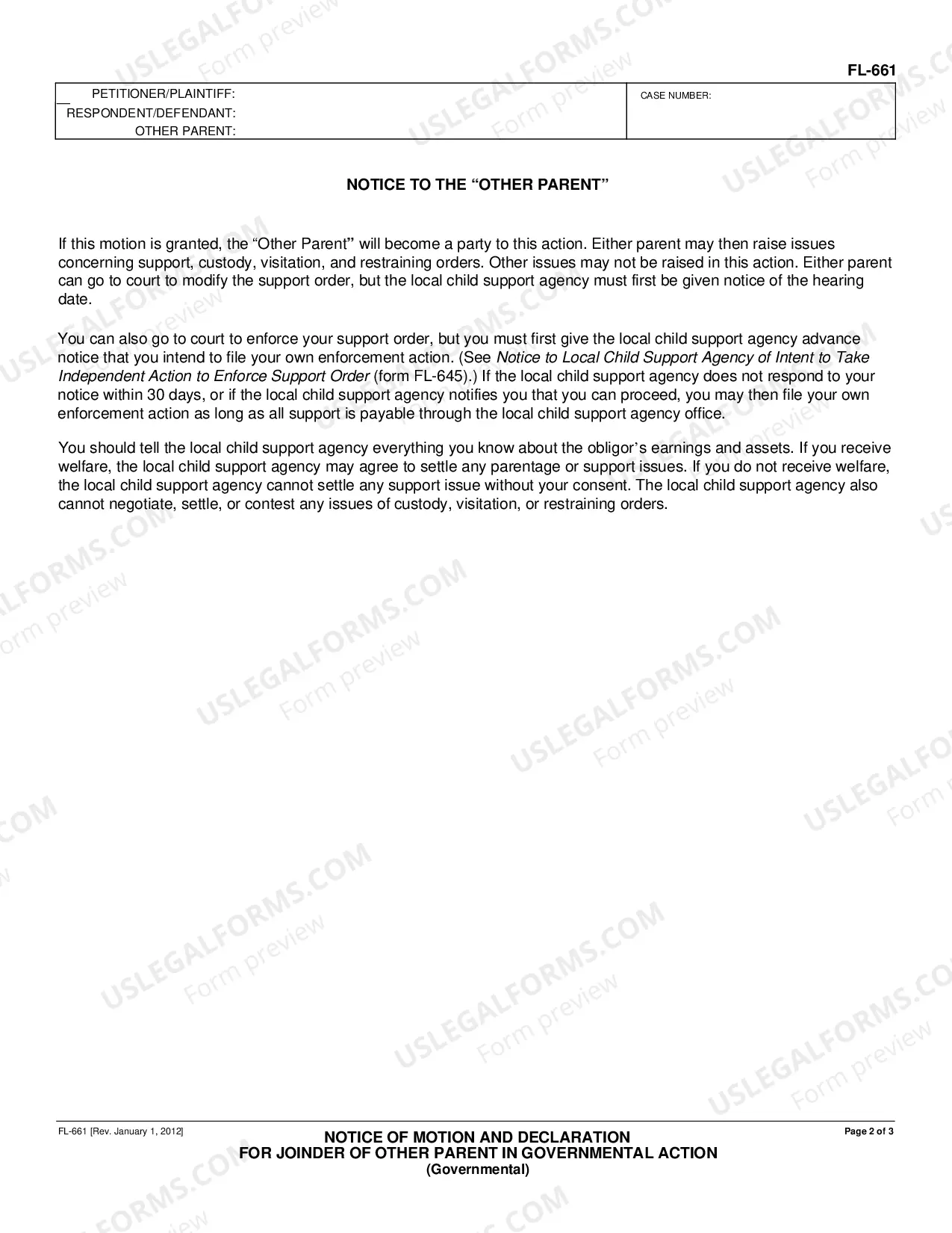 Preview Notice of Motion and Declaration for Joinder of Other Parent in Governmental Action - Governmental