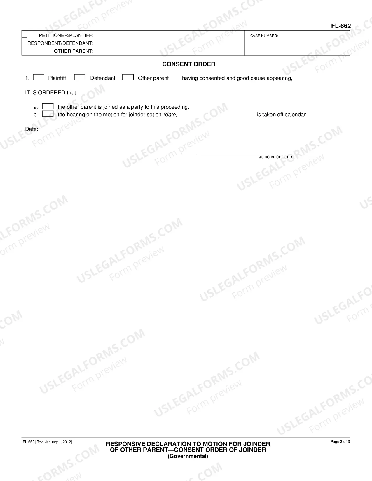 Preview Responsive Declaration to Motion for Joinder of Other Parent - Consent Order for Joinder - Governmental