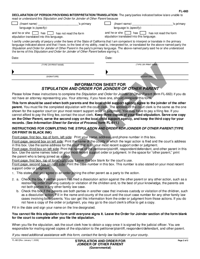 California Stipulation and Order for Joinder of Other Parent